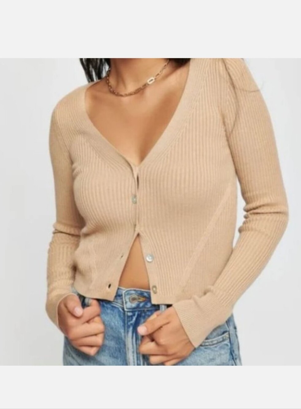 Dynamite Tan Ribbed V-Neck Button Cardigan